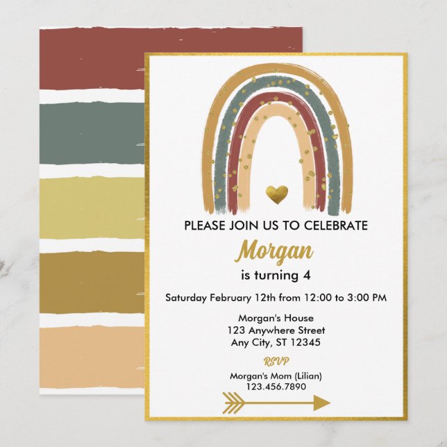 Invitation Earth Tone Golden Parties scintillant Boho Rainbow (Devant / Derrière)