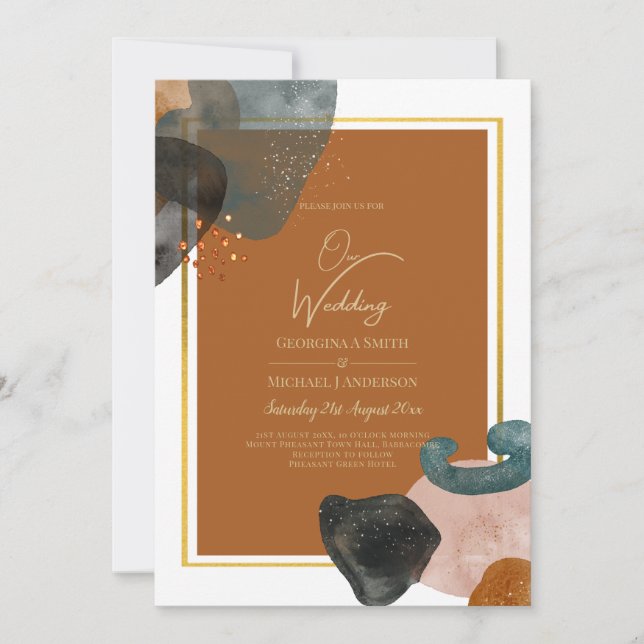 Invitation Earth Tones Mariage Terracotta Green Gold Abstrait (Devant)