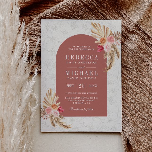 Invitation Earthy Boho Floral Pampas Cinnamon Rose Wedding (Créateur téléchargé)