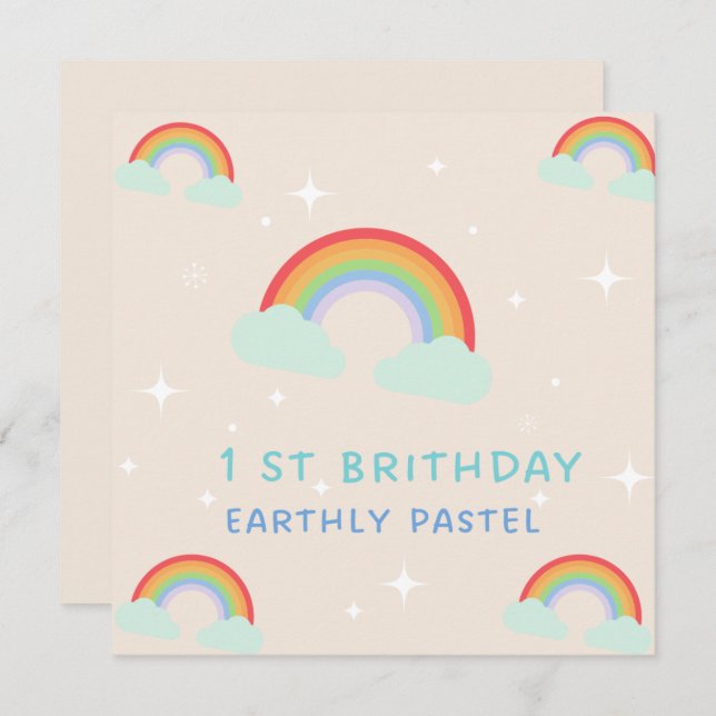 Invitation Earthy Pastel Rainbow 1er Anniversaire (Devant / Derrière)