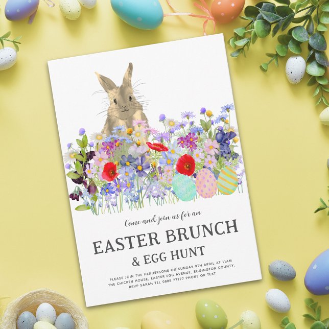 Invitation Easter Egg Hunt Spring Brunch Cute Bunny Floral (Easter egg hunt spring brunch watercolor wildflower meadow cute bunny and eggs invitation)