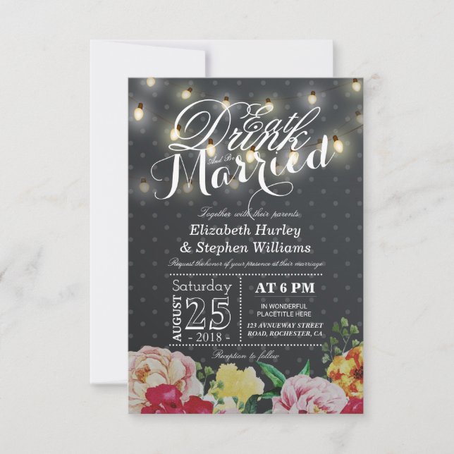 Invitation EAT Boire et être marié String Light Chic Floral (Devant)