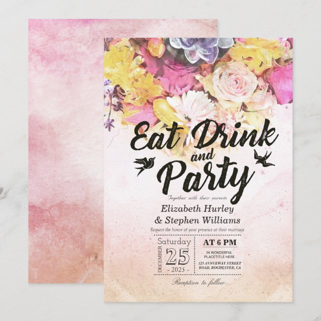 Invitation EAT Boisson & Fête Moderne Mariage aquarelle (Devant / Derrière)