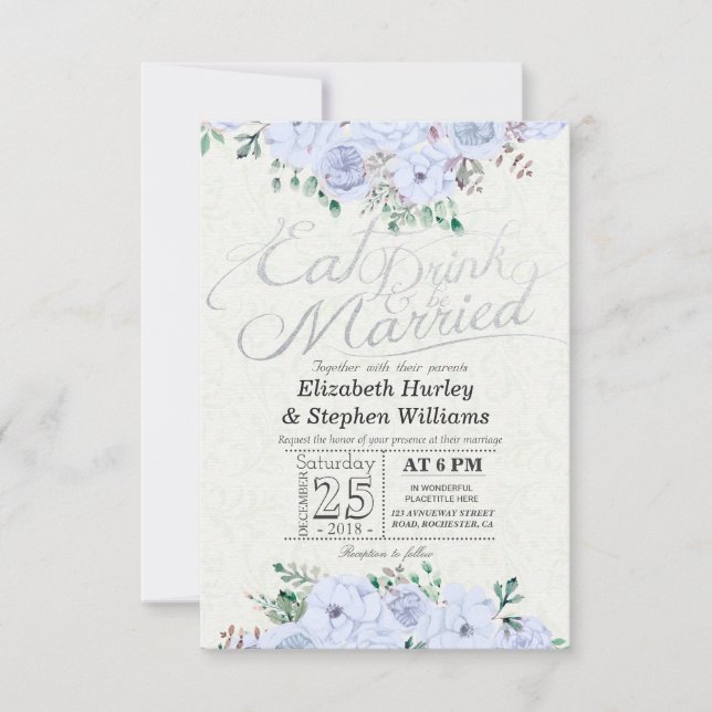 Invitation EAT Dragon Be Marié Mariage Floral Argent Script (Devant)