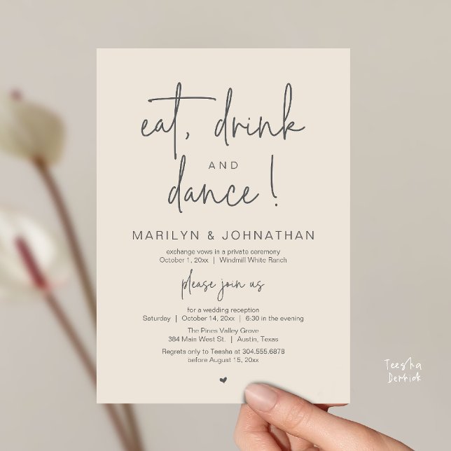 Invitation Eat, Drink and Dance, Modern Wedding Reception (Eat, Drink and Dance, Modern Wedding Reception Dinner Party Invitation Card in cream grey)