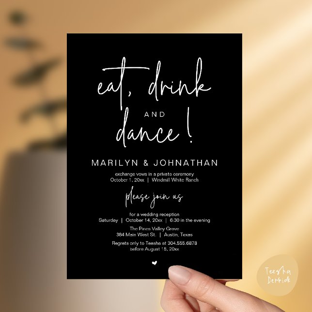 Invitation Eat, Drink and Dance, Modern Wedding Reception (Eat, Drink and Dance, Modern Wedding Reception Dinner Party Invitation Card in black and white)