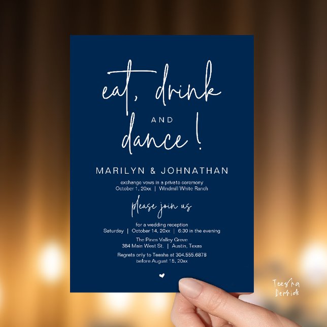 Invitation Eat, Drink and Dance, Modern Wedding Reception (Eat, Drink and Dance, Modern Wedding Reception Dinner Party Invitation Card in navy blue)