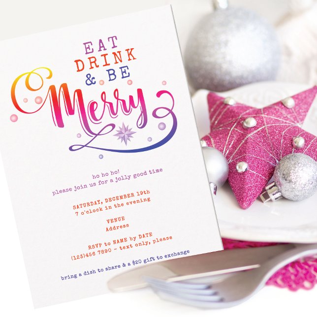 Invitation Eat Drink Be Merry Pink Christmas Potluck (Pink Eat Drink and Be Merry Christmas Potluck Invitation for Church Family Office Xmas Parties)