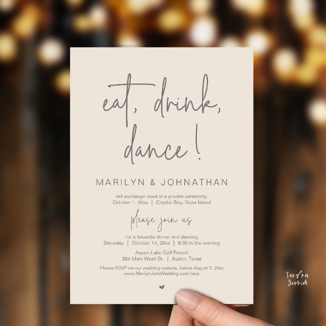 Invitation Eat, Drink, Dance, Wedding Elopement Dinner Party  (Eat, Drink, Dance, Wedding Elopement Dinner Party Invitation Card in Warm Cream Grey)