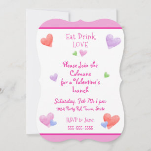 Invitation EAT DRINK LOVE Saint-Valentin Amusant Cœurs Aquare