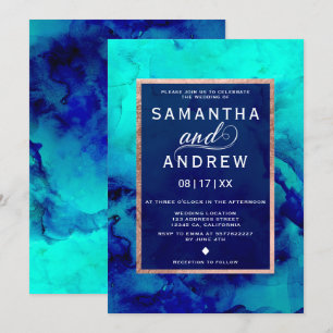 Invitation Eau bleu turquoise moderne rose or mariage