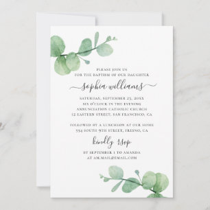 Invitation Eau-couleur eucalyptus. Baptême de verdure dans