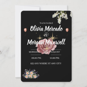 Invitation Eau couleur rose fleur sauvage Floral noir mariage