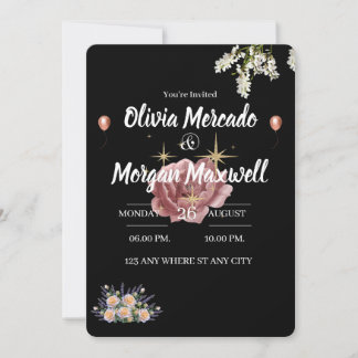 Invitation Eau couleur rose fleur sauvage Floral noir mariage