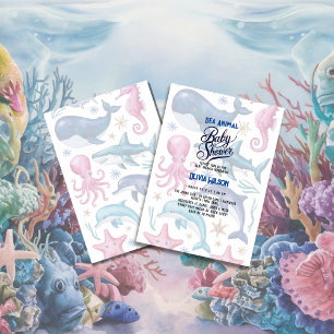 Invitation Eau élégante moderne baby shower animal marin7