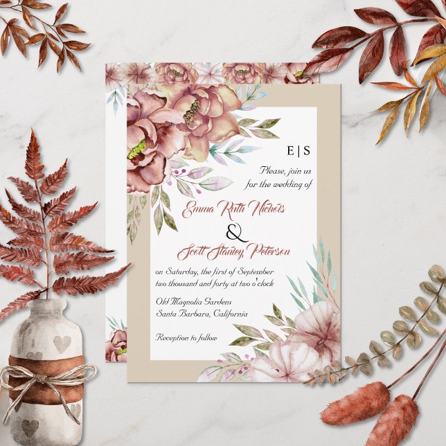 Invitation Eau en terre cuite fleurs florales beige mariage (Créateur téléchargé)