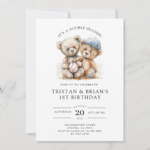 Invitation Eau-forte d'un ours en peluche jumeau pour le 1er