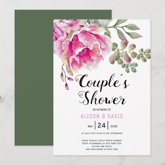 Invitation Eau rose fleurs mariage couples douche (Devant / Derrière)