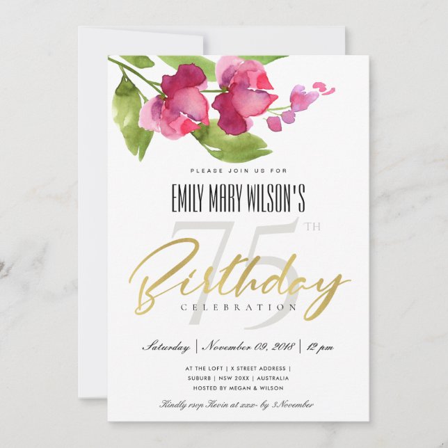 INVITATION EAU ROSE LAVÉE À L'ENCRE FLORALE TOUT ÂGE ANNIVERS (Devant)