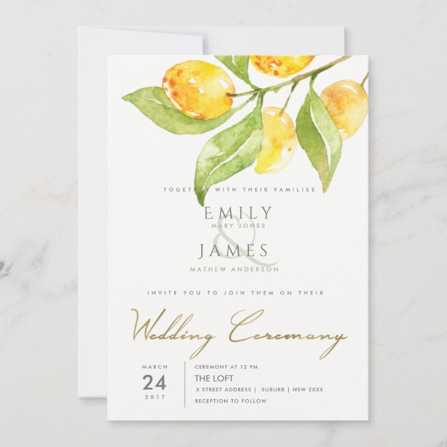 INVITATION EAU VERTE JAUNE COULEUR FOLIAGE MARIAGE OLIVE (Devant)