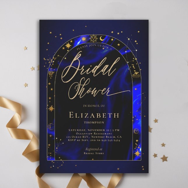 Invitation Eaux célestes Starry Zodiac Arch Fête des mariées (celestial bridal shower invitation zodiac signs astrology oracle universe mystical waters royal blue)