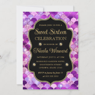 Invitation Écaille de sirène iridescente et dorée cadre Sweet