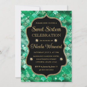 Invitation Écailles de Sirène Vert et Or Iridescents Sweet 16