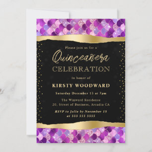 Invitation Écailles de sirène violettes et dorées Quinceanera