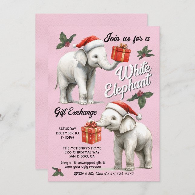 Invitation Échange de cadeaux de Noël à l'éléphant blanc (Devant / Derrière)