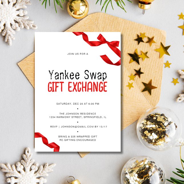 Invitation Échange de cadeaux Whimsical Red Bow Yankee Swap (Whimsical Red Bow Yankee Swap Gift Exchange Invitation)