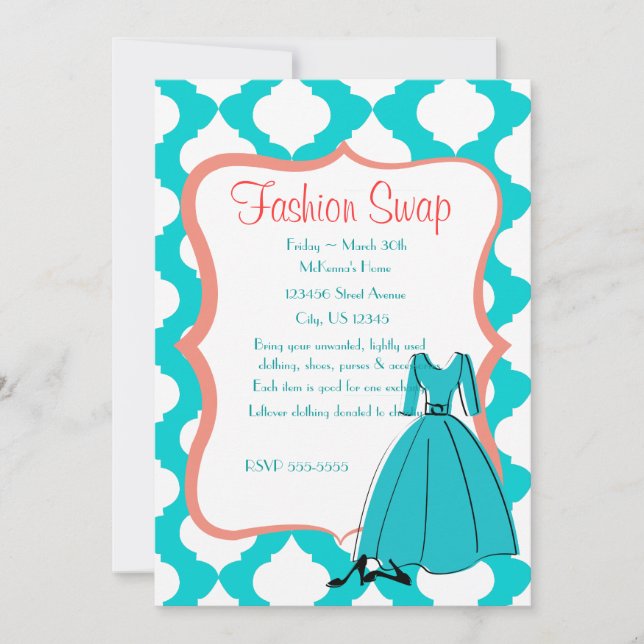 Invitation Échange de mode turquoise et corail (Devant)