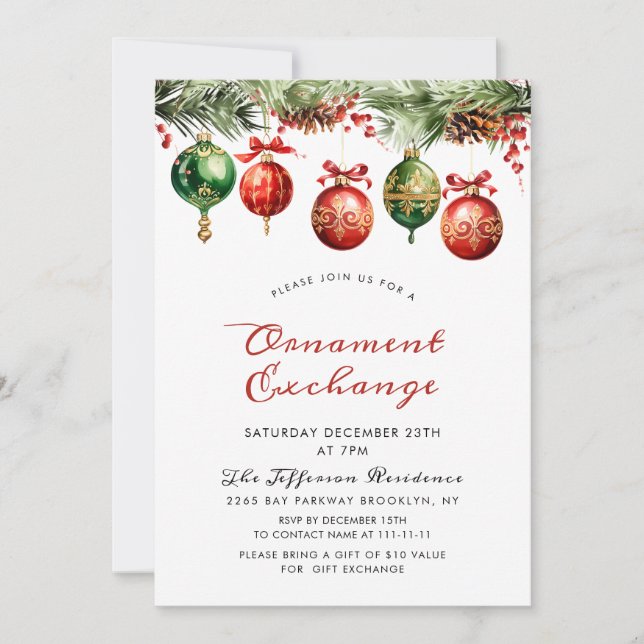 Invitation Échange d'ornement de boules de Noël aquarelle (Devant)