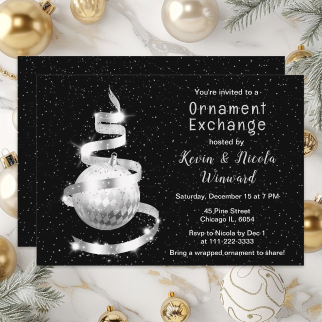 Invitation Échange d'ornements de Noël noir et argent (Créateur téléchargé)