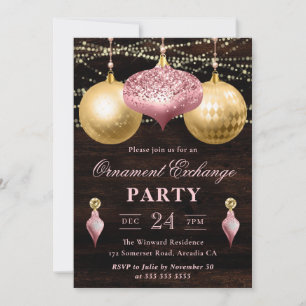 Invitation Échange d'ornements de Noël rose clair et or