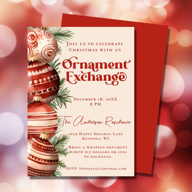 Invitation Échange d'ornements de Noël rouge et crème (Créateur téléchargé)
