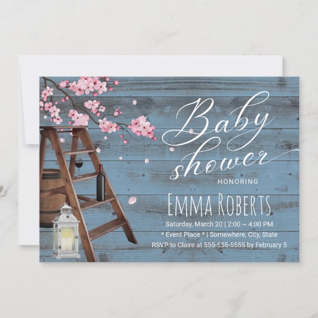 Invitation Échelle en bois rustique Baby shower rose floral p (Devant)