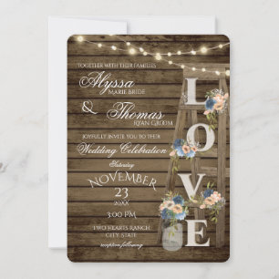 Invitation Échelle rustique et lumières Vintage Blue Love Mar
