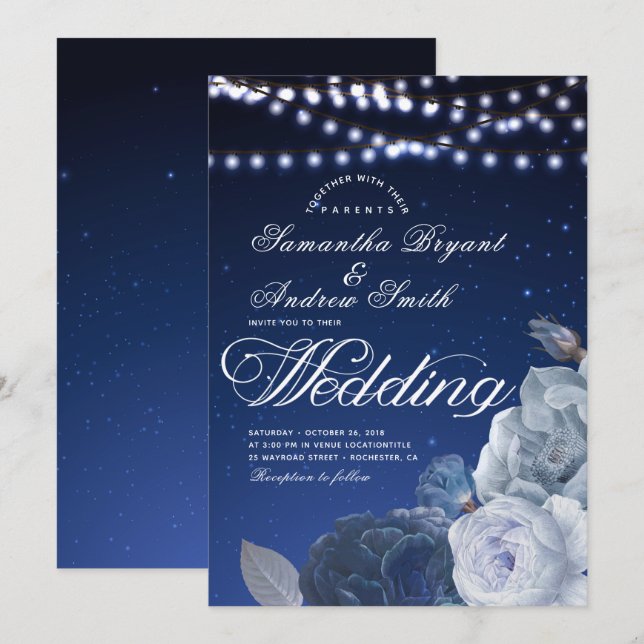 Invitation Éclairage à cordes étoiles Mariage élégant bleu (Devant / Derrière)
