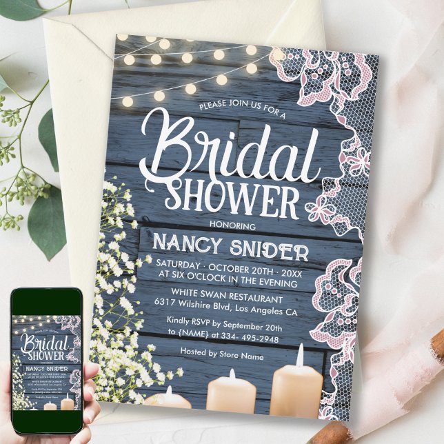 Invitation Éclairage à cordes rustiques et dentelle marine Bl (Créateur téléchargé)