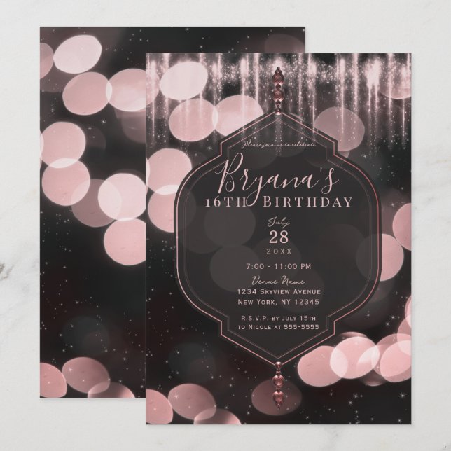Invitation Éclairage noir rose Mystical Night Sweet 16 (Devant / Derrière)