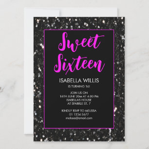 Invitation Éclairage noir Sweet 16 néon rose élégant script
