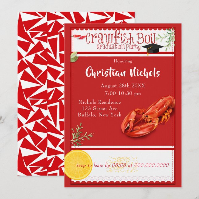 Invitation Éclosion de l'écrevisse Red Graduation Party Invit (Devant / Derrière)