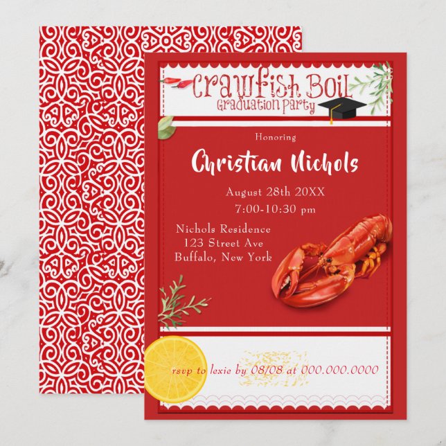 Invitation Éclosion de l'écrevisse Red Graduation Party Invit (Devant / Derrière)