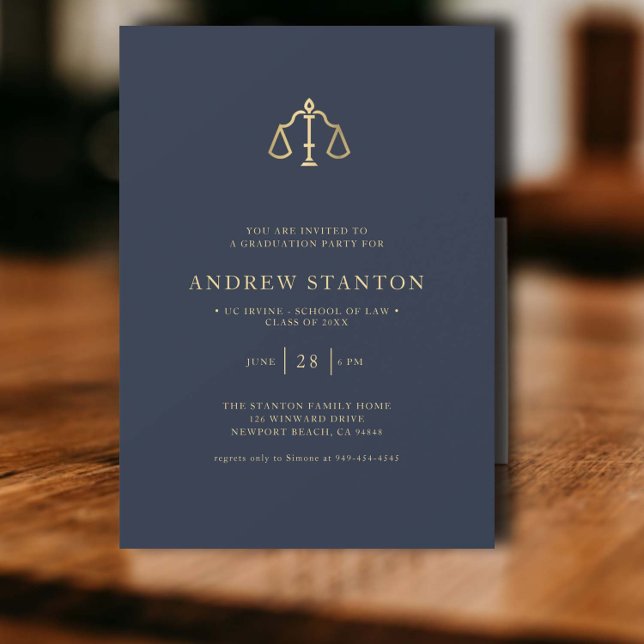 Invitation École de droit Échelles Justice Marine moderne (law school graduation party invitation gold scales of justice navy elegant modern classic)