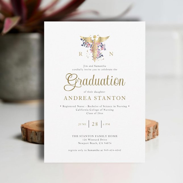 Invitation Ecole d'infirmière Caduceum Rose Chic Moderne (nurse nursing school graduation gold caduceum contemporary modern elegant simple roses greenery)