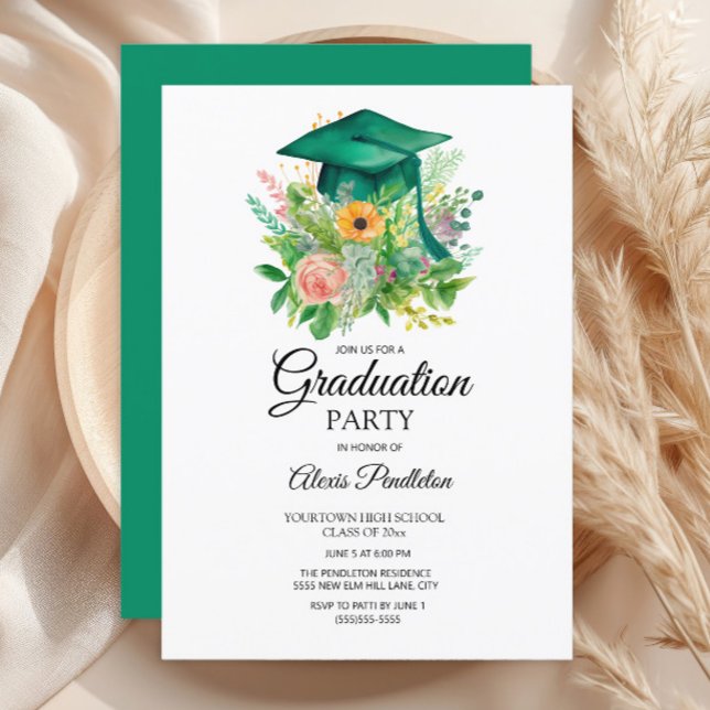 Invitation Ecole secondaire Green Graduation Cap Floral (Green graduation cap party invitation)