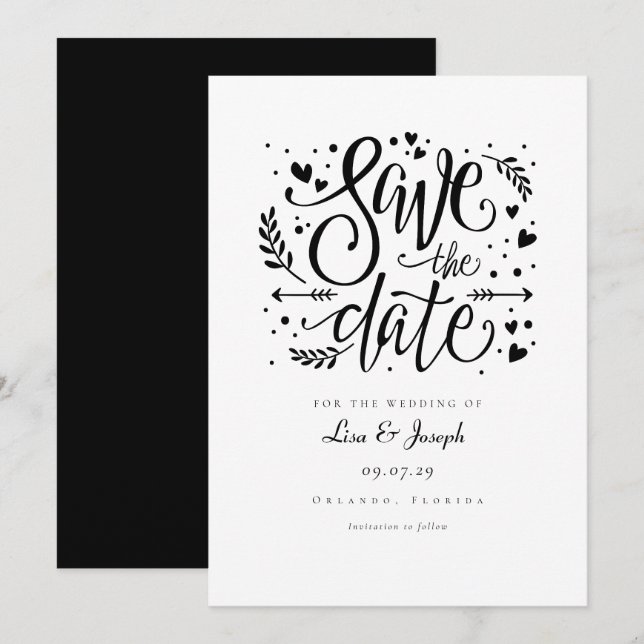 Invitation Économie de date de script rustique noir et blanc (Devant / Derrière)