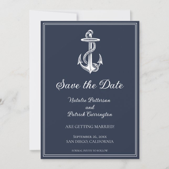 Invitation Économisez la date Bleu marine Ancre nautique (Devant)
