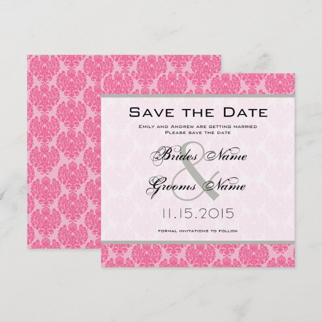Invitation Économisez la date de mariage rose pâle rose damas (Devant / Derrière)