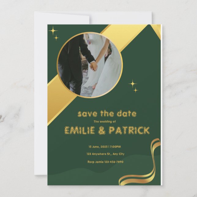 Invitation Économisez la date de notre mariage vert et or sim (Devant)